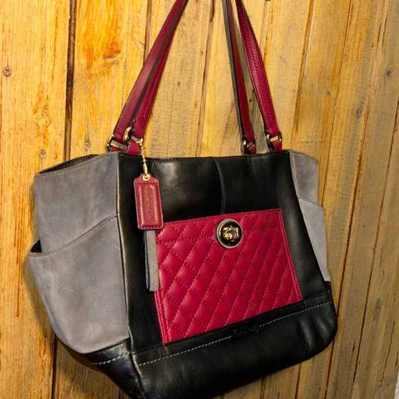 Coach Black and Burgundy Leather Tote - Picture 3 of 6